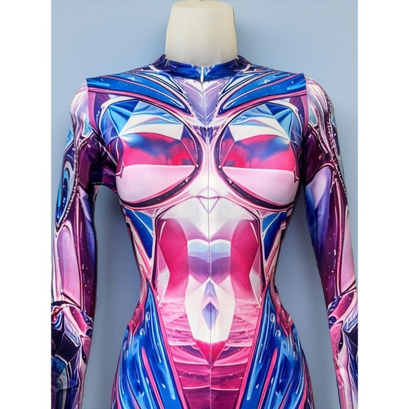 New Small Pink Mirror Spandex Jumpsuit Catsuit‎ Rave Illusion Metallic Cyberpunk - Picture 5 of 7